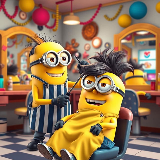 A playful scene featuring one Minion character giving a haircut to another Minion in a colorful barbershop