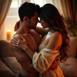 A sensual and intimate embrace between a couple in a softly lit room, showcasing their feelings for each other