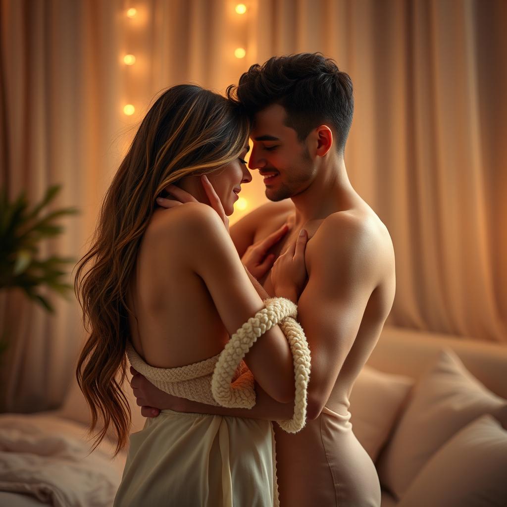 A sensual and intimate embrace between a couple in a softly lit room, showcasing their feelings for each other