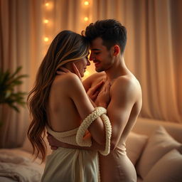 A sensual and intimate embrace between a couple in a softly lit room, showcasing their feelings for each other