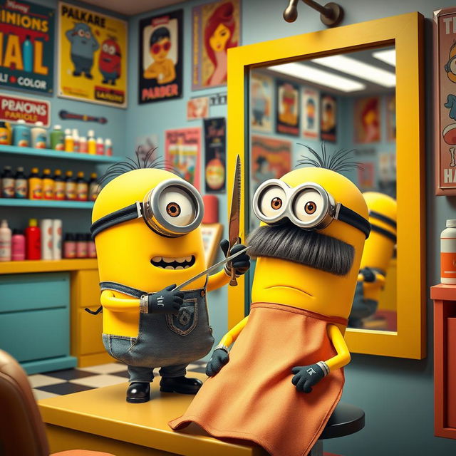 A whimsical scene of one Minion giving a haircut to another Minion in a vibrant barbershop setting