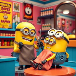 A whimsical scene of one Minion giving a haircut to another Minion in a vibrant barbershop setting