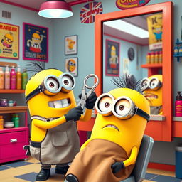 A whimsical scene of one Minion giving a haircut to another Minion in a vibrant barbershop setting