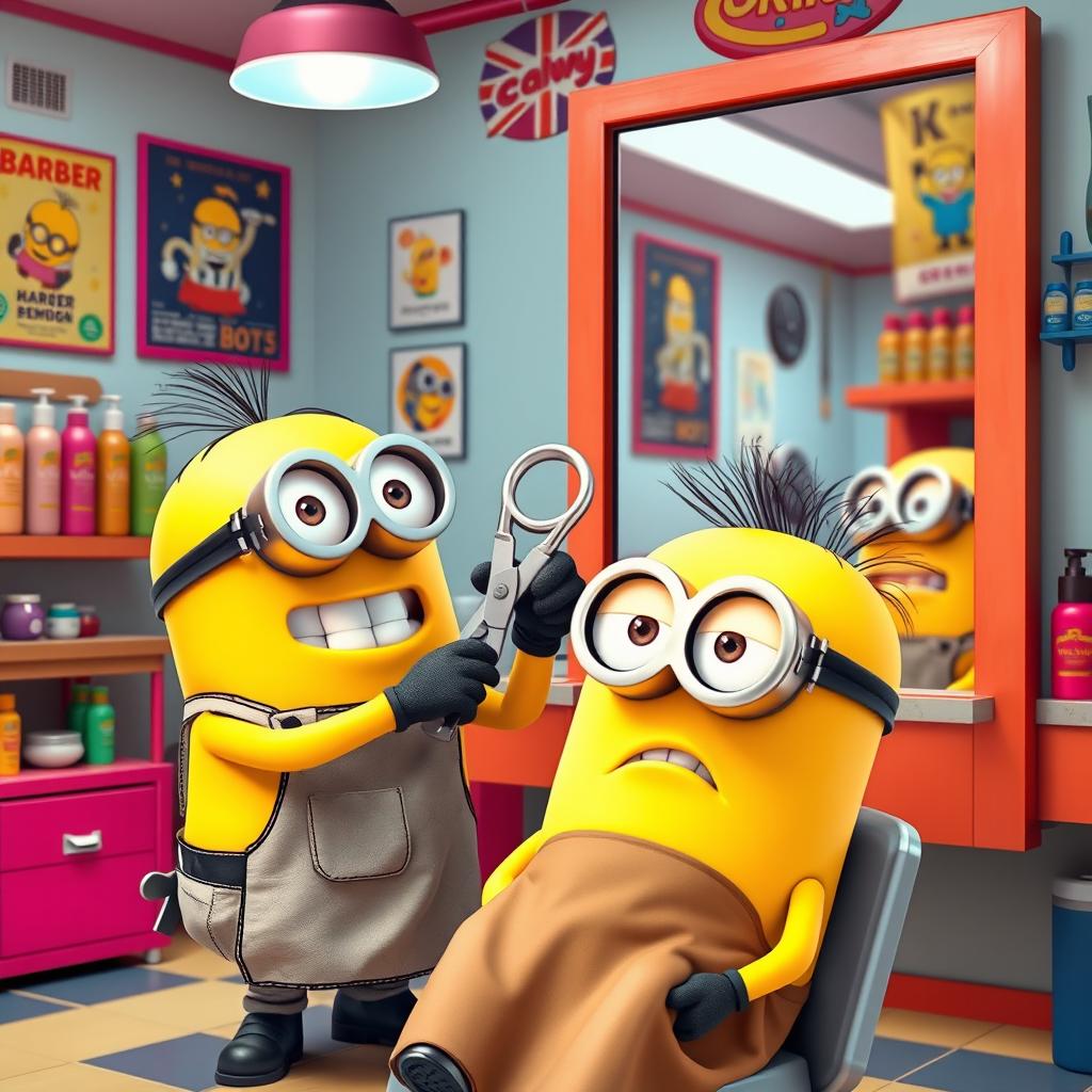A whimsical scene of one Minion giving a haircut to another Minion in a vibrant barbershop setting