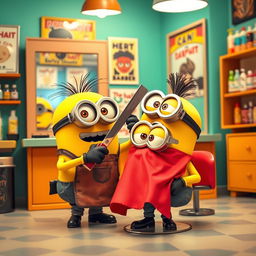A whimsical scene of one Minion giving a haircut to another Minion in a vibrant barbershop setting