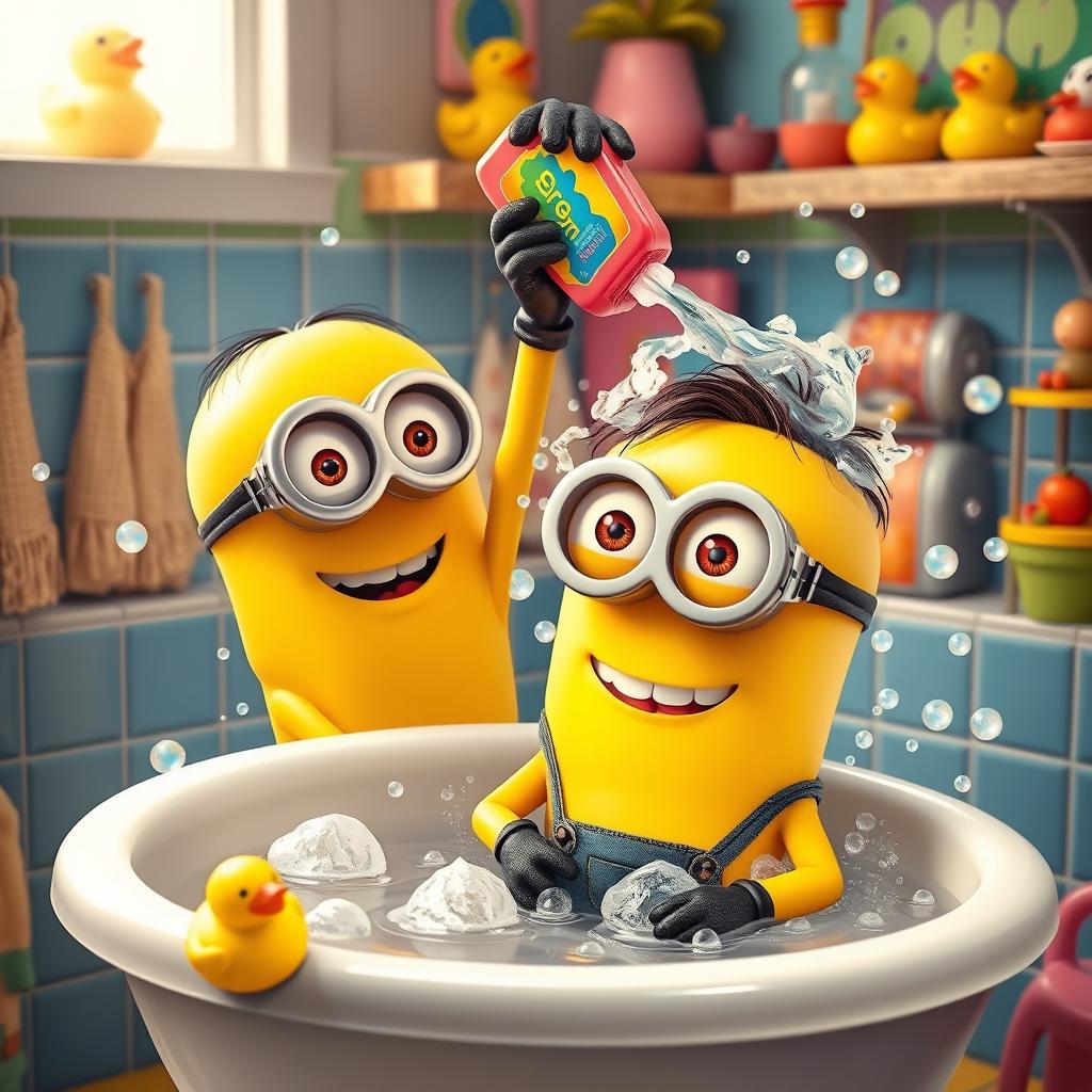 A scene depicting two adorable yellow Minions in a bathroom setting