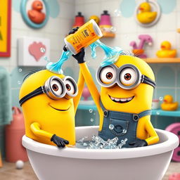 A scene depicting two adorable yellow Minions in a bathroom setting