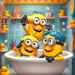 A scene depicting two adorable yellow Minions in a bathroom setting