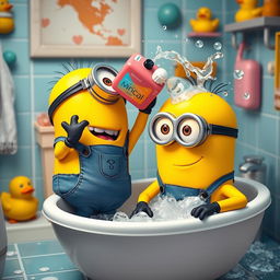 A scene depicting two adorable yellow Minions in a bathroom setting