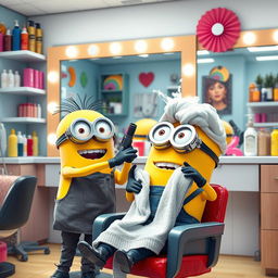 A lively scene inside a hair salon featuring two cheerful Minions