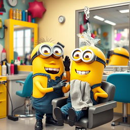 A lively scene inside a hair salon featuring two cheerful Minions
