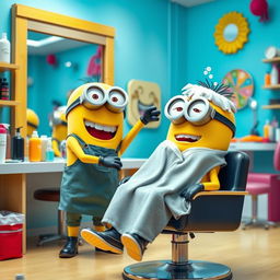 A lively scene inside a hair salon featuring two cheerful Minions