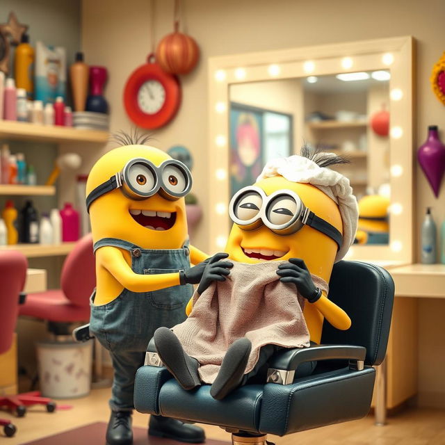 A lively scene inside a hair salon featuring two cheerful Minions