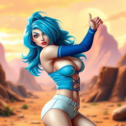 A sensual and stylish portrayal of Bulma from the Dragon Ball series, wearing a provocative yet fashionable outfit that accentuates her curves