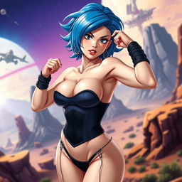 A sensual and stylish portrayal of Bulma from the Dragon Ball series, wearing a provocative yet fashionable outfit that accentuates her curves