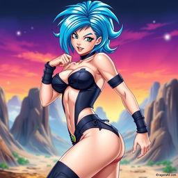 A sensual and stylish portrayal of Bulma from the Dragon Ball series, wearing a provocative yet fashionable outfit that accentuates her curves