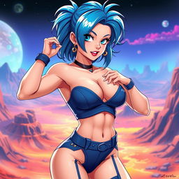 A sensual and stylish portrayal of Bulma from the Dragon Ball series, wearing a provocative yet fashionable outfit that accentuates her curves