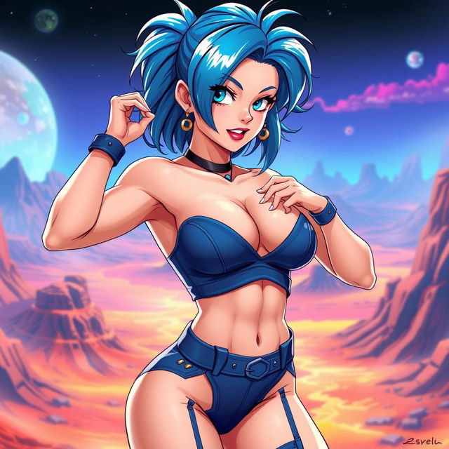 A sensual and stylish portrayal of Bulma from the Dragon Ball series, wearing a provocative yet fashionable outfit that accentuates her curves