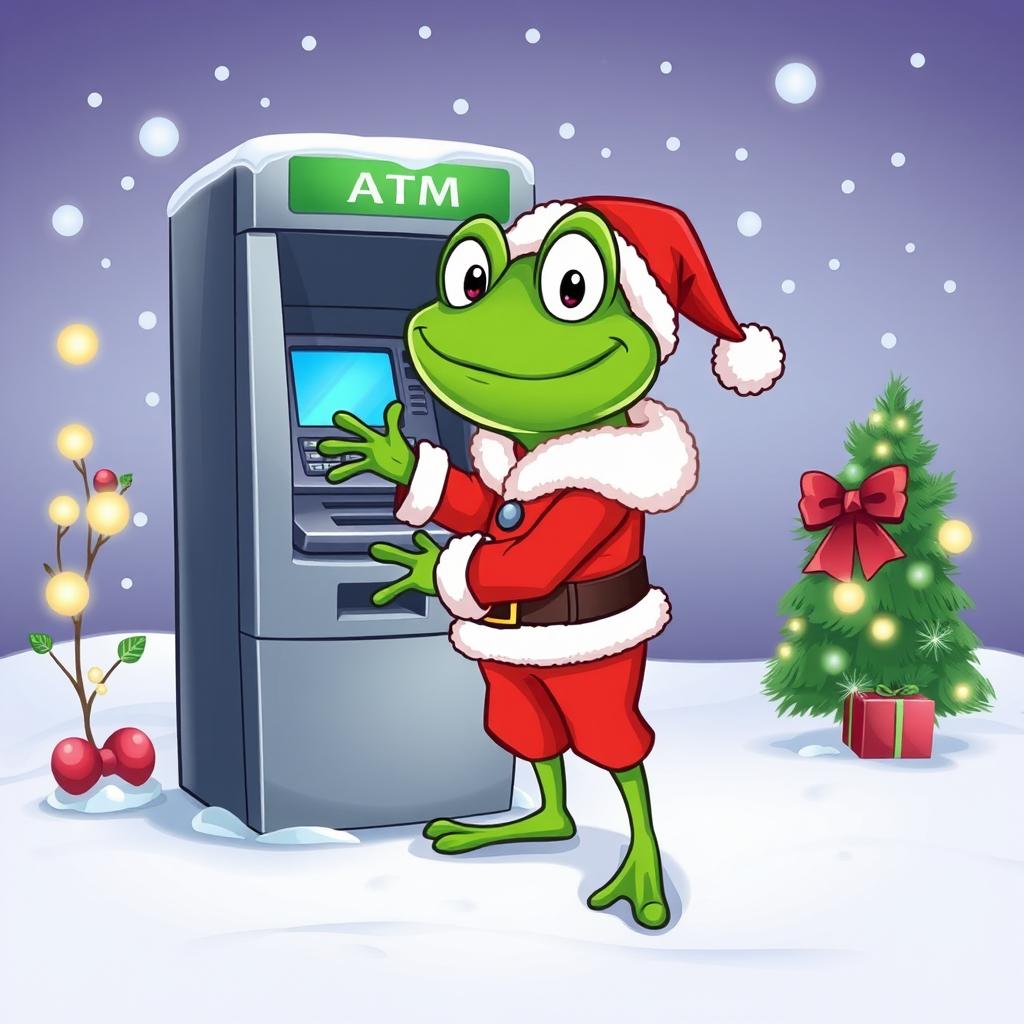 A whimsical vector style illustration of a cartoon frog character, resembling Pepe the Frog, dressed in a traditional Santa Claus outfit, complete with a red suit, white fur trim, and a Santa hat