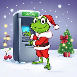 A whimsical vector style illustration of a cartoon frog character, resembling Pepe the Frog, dressed in a traditional Santa Claus outfit, complete with a red suit, white fur trim, and a Santa hat