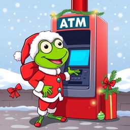 A whimsical vector style illustration of a cartoon frog character, resembling Pepe the Frog, dressed in a traditional Santa Claus outfit, complete with a red suit, white fur trim, and a Santa hat