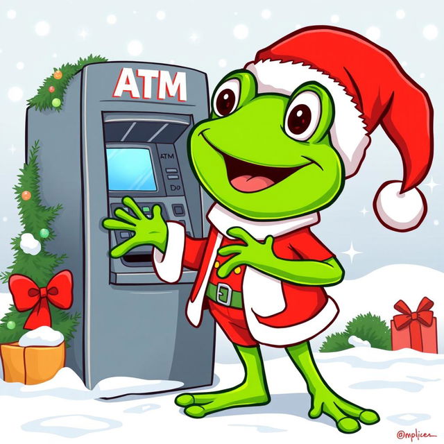 A whimsical vector style illustration of a cartoon frog character, resembling Pepe the Frog, dressed in a traditional Santa Claus outfit, complete with a red suit, white fur trim, and a Santa hat