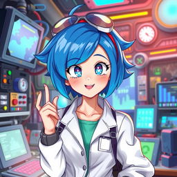 A highly detailed and vibrant illustration of a fictional character inspired by the style of Bulma, featuring her with her iconic blue hair and adventurous outfit, in a fantasy setting
