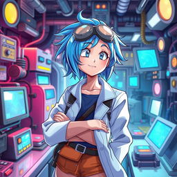 A highly detailed and vibrant illustration of a fictional character inspired by the style of Bulma, featuring her with her iconic blue hair and adventurous outfit, in a fantasy setting