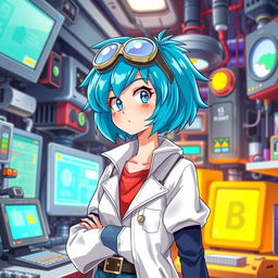 A highly detailed and vibrant illustration of a fictional character inspired by the style of Bulma, featuring her with her iconic blue hair and adventurous outfit, in a fantasy setting