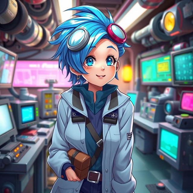 A highly detailed and vibrant illustration of a fictional character inspired by the style of Bulma, featuring her with her iconic blue hair and adventurous outfit, in a fantasy setting