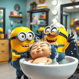 A delightful scene in a hair salon featuring two cheerful Minions