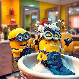 A delightful scene in a hair salon featuring two cheerful Minions