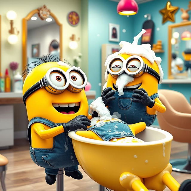 A delightful scene in a hair salon featuring two cheerful Minions