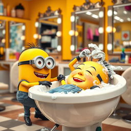 A delightful scene in a hair salon featuring two cheerful Minions