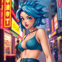 A hyper-realistic depiction of Bulma from Dragon Ball in a sexy outfit, showcasing her unique blue hair styled in a modern way