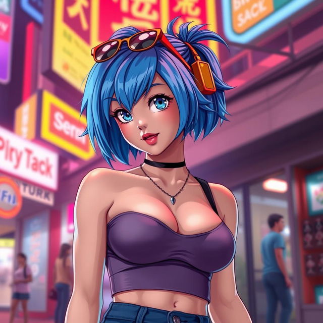 A hyper-realistic depiction of Bulma from Dragon Ball in a sexy outfit, showcasing her unique blue hair styled in a modern way