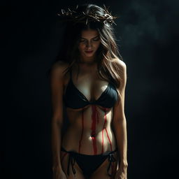 A dramatic and intense scene depicting a woman resembling Georgina Rodriguez, wearing a black bikini, with a crown of thorns on her head, expressing anguish and suffering