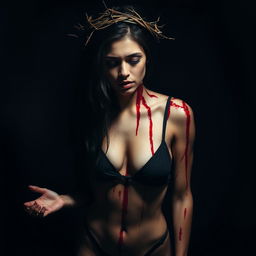 A dramatic and intense scene depicting a woman resembling Georgina Rodriguez, wearing a black bikini, with a crown of thorns on her head, expressing anguish and suffering