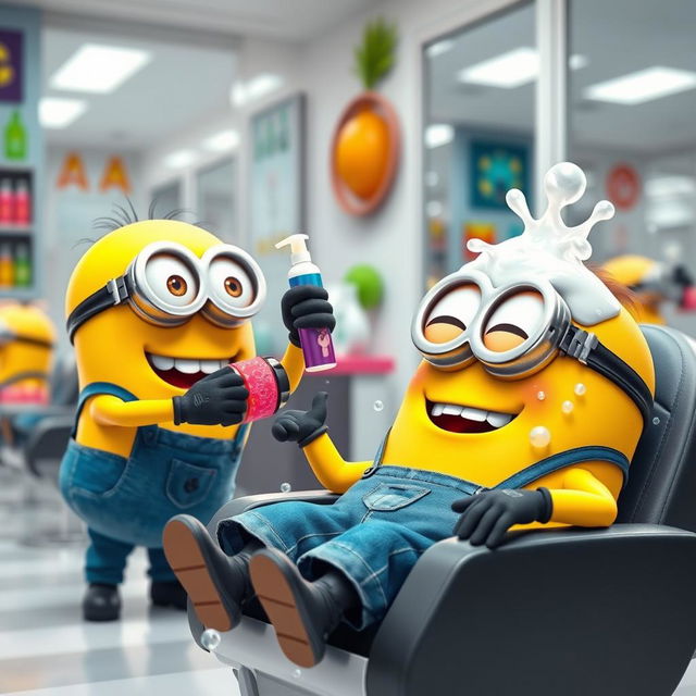 A fun and animated scene in a modern hair salon featuring two Minions