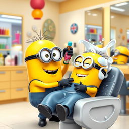 A fun and animated scene in a modern hair salon featuring two Minions
