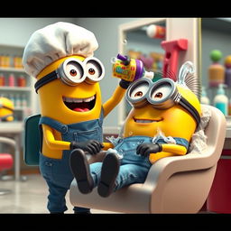 A fun and animated scene in a modern hair salon featuring two Minions