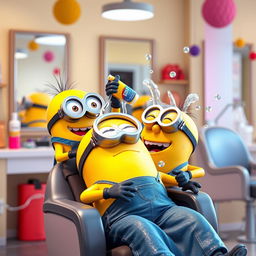 A fun and animated scene in a modern hair salon featuring two Minions