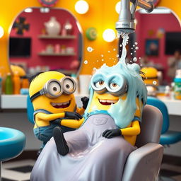 An amusing scene in a vibrant hair salon featuring two joyful Minions