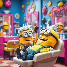 An amusing scene in a vibrant hair salon featuring two joyful Minions