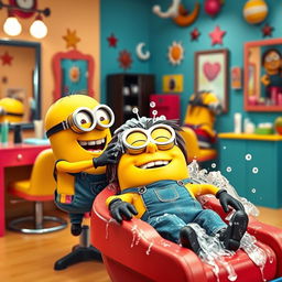 An amusing scene in a vibrant hair salon featuring two joyful Minions
