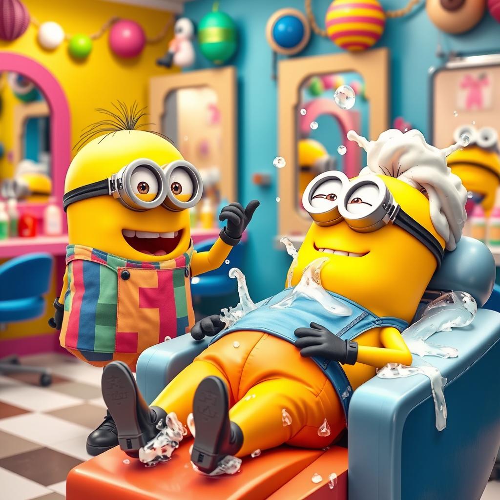 An amusing scene in a vibrant hair salon featuring two joyful Minions