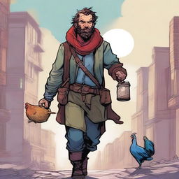 A comic-style digital art illustration features a homeless vagrant fighter from a fantasy DnD setting