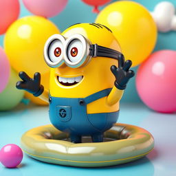 A vibrant 3D rendered scene featuring a Minion with an inflatable design