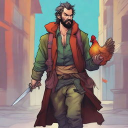 A comic-style digital art illustration features a homeless vagrant fighter from a fantasy DnD setting