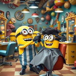 A lively scene inside a bustling hair salon featuring a Minion as the barber